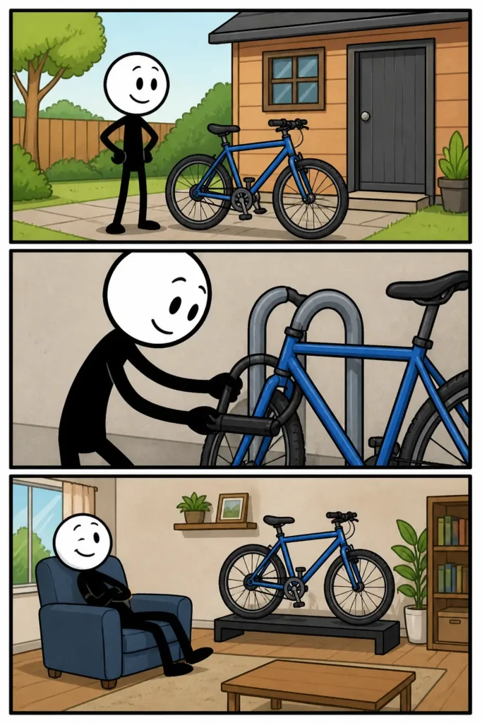 Een Toonwords-strip met drie panelen over eigendom. In het eerste paneel staat een stickman trots naast een blauwe fiets bij een huis en tuin. In het tweede paneel zet de stickman een stevig slot op de fiets bij een fietsenrek. In het derde paneel zit de stickman ontspannen in een stoel terwijl de blauwe fiets netjes binnen staat opgesteld in de woonkamer. De strip laat zien dat eigendom iets is dat verzorgd, beschermd en gekoesterd wordt.
