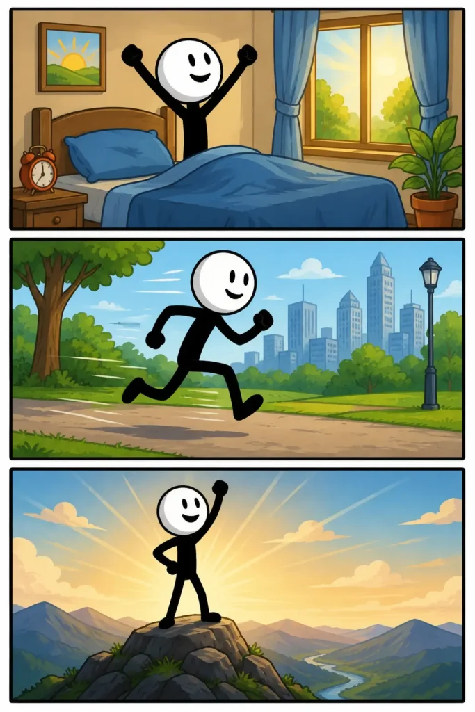 Een kleurrijke Toonwords-strip met drie verticale panelen over het woord “Energie”. Een vrolijke stickman met witte ronde kop en zwart lichaam staat in het eerste paneel energiek op uit bed terwijl de ochtendzon door het raam schijnt. In het tweede paneel rent de stickman snel door een groen stadspark met beweging in de benen en armen. In het derde paneel staat de stickman trots boven op een rots in de bergen met zonnestralen op de achtergrond, wat kracht, motivatie en actieve energie uitbeeldt.