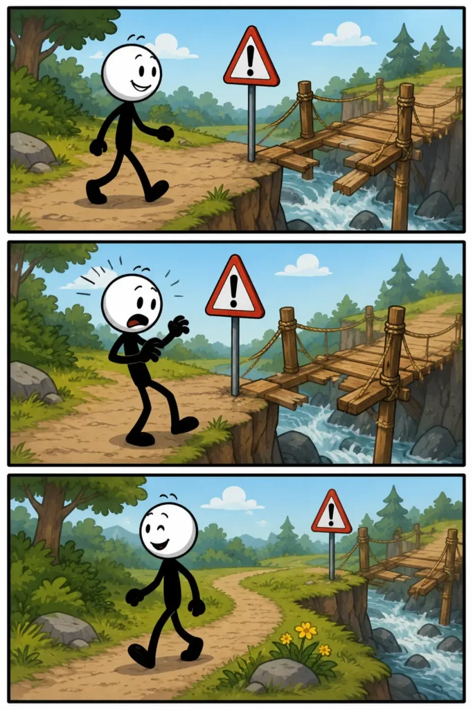 Een kleurrijke Toonwords-strip met drie panelen onder elkaar over Gevaar. In het eerste paneel ziet een stickman een open put in een donkere straat en kijkt geschrokken. In het tweede paneel waarschuwt de stickman een andere persoon bij een kapotte brug in een bosrijke omgeving. In het derde paneel staat de stickman opgelucht achter een veiligheidshek terwijl op de achtergrond vonken en vallende stenen zichtbaar zijn. De stickman heeft een witte kop, zwart lichaam en duidelijke gezichtsuitdrukkingen die spanning en voorzichtigheid tonen.