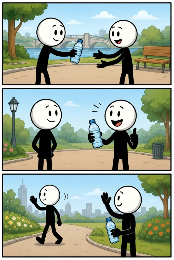 Een kleurrijke Toonwords-strip met drie panelen onder elkaar. Een stickman met witte kop en zwart lichaam geeft in het eerste paneel een cadeau aan een andere stickman in een park. In het tweede paneel wordt eten doorgegeven aan iemand aan een tafel buiten. In het derde paneel geeft de stickman een plantje aan een blij persoon bij een huis. De gezichtsuitdrukkingen zijn vriendelijk en positief.