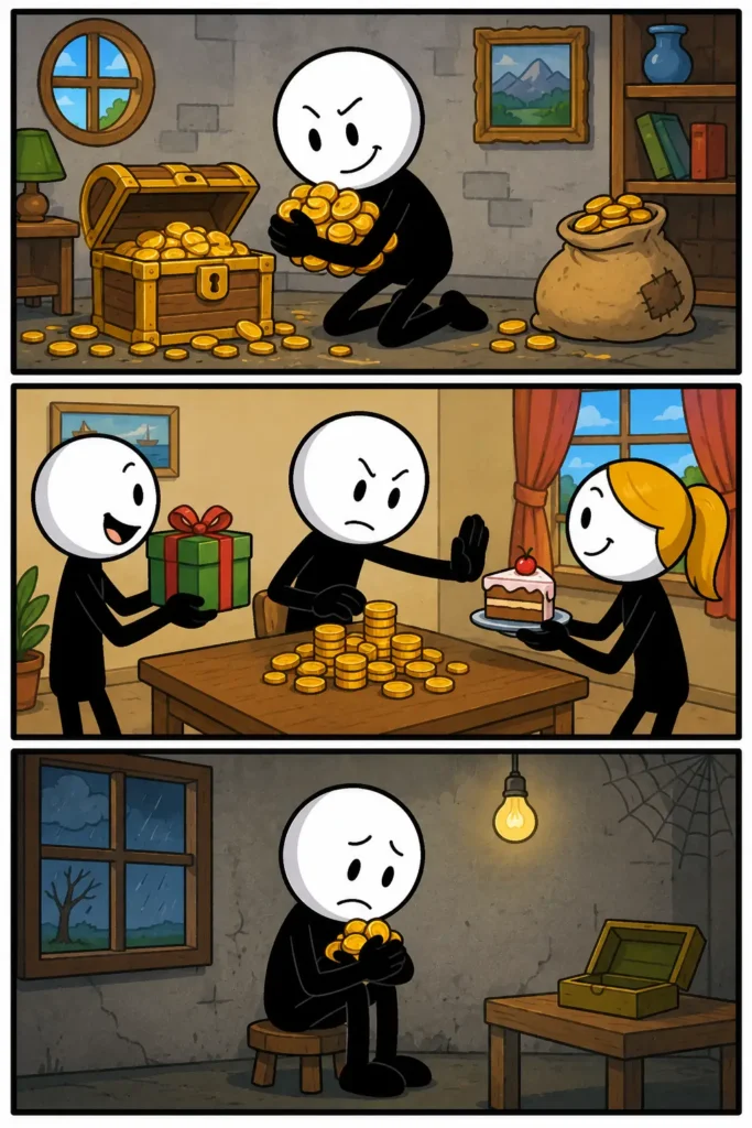 Een Toonwords-strip met drie gekleurde panelen onder elkaar over gierigheid. In het eerste paneel zit een stickman in een kamer vol gouden munten en houdt hij het geld stevig vast. In het tweede paneel weigert de stickman cadeaus en taart van andere stickfiguren terwijl er stapels munten op tafel liggen. In het derde paneel zit de stickman alleen in een donkere kamer met een verdrietige blik terwijl hij een paar gouden munten vasthoudt. De stickman heeft een witte kop, zwart lichaam en wisselende gezichtsuitdrukkingen.