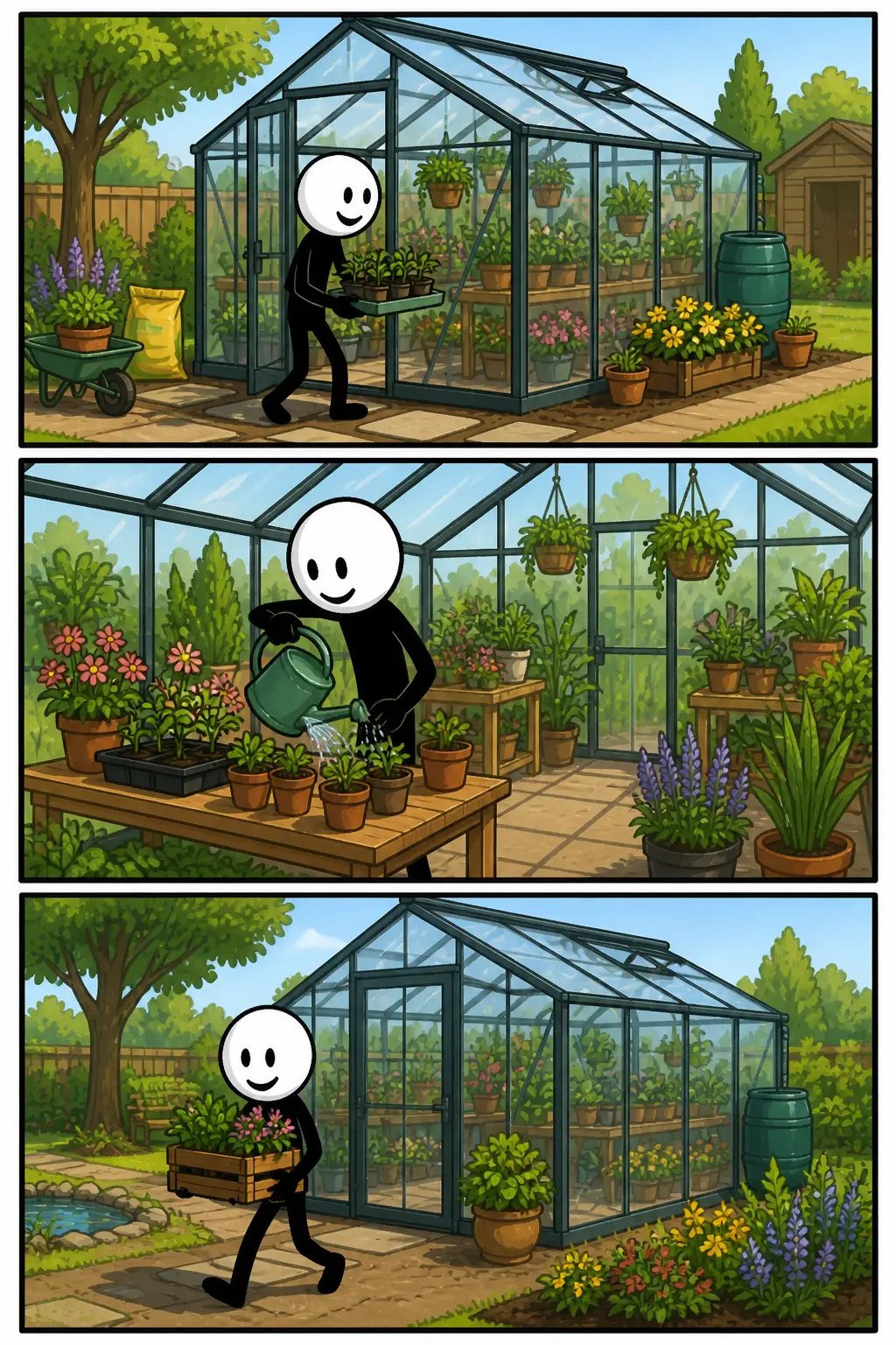 Een kleurrijke Toonwords-strip met drie panelen over een glazen plantenkas. In het eerste paneel loopt een vrolijke stickman een grote glazen kas binnen met kleine plantenbakjes in de handen. In het tweede paneel verzorgt de stickman de groene planten tussen lange rijen bloemen en groenten onder het glazen dak. In het derde paneel bewondert de stickman tevreden de volgroeide planten terwijl warm zonlicht door de ramen van de glazen plantenkas naar binnen schijnt.