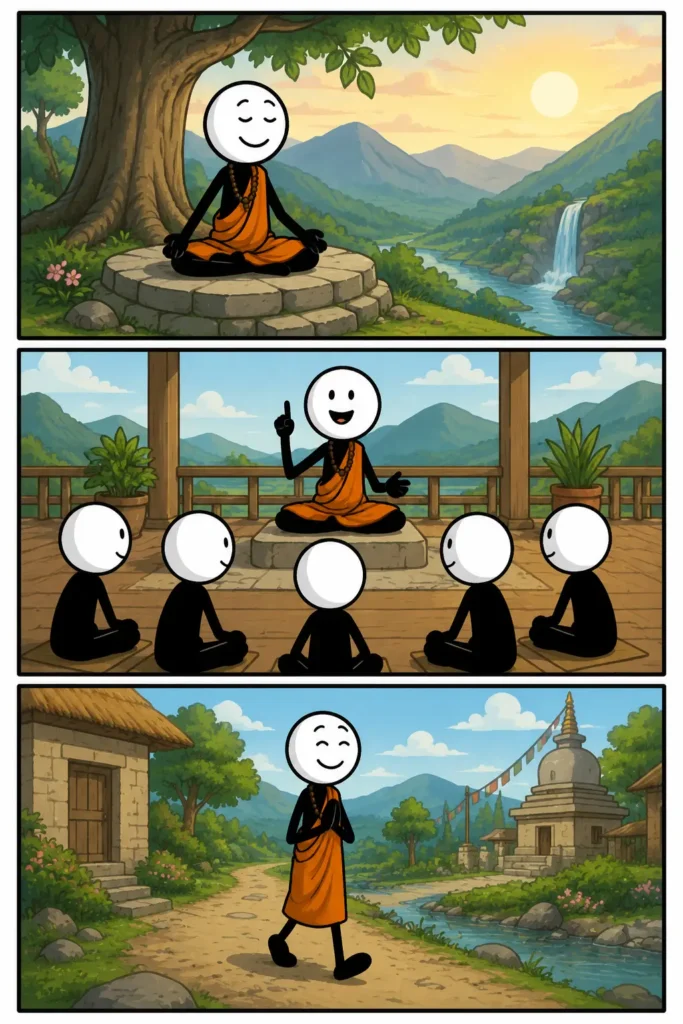Een kleurrijke Toonwords-strip met drie panelen onder elkaar over het woord Goeroe. In het eerste paneel mediteert een rustige stickman in oranje kleding op een stenen platform tussen bergen en een waterval. In het tweede paneel geeft dezelfde stickman les aan een groep luisterende stickmannen in een open houten gebouw met uitzicht op de natuur. In het derde paneel wandelt de vrolijke stickman ontspannen door een dorp met tempels, bomen en een rivier. De sfeer is rustig, wijs en vriendelijk.