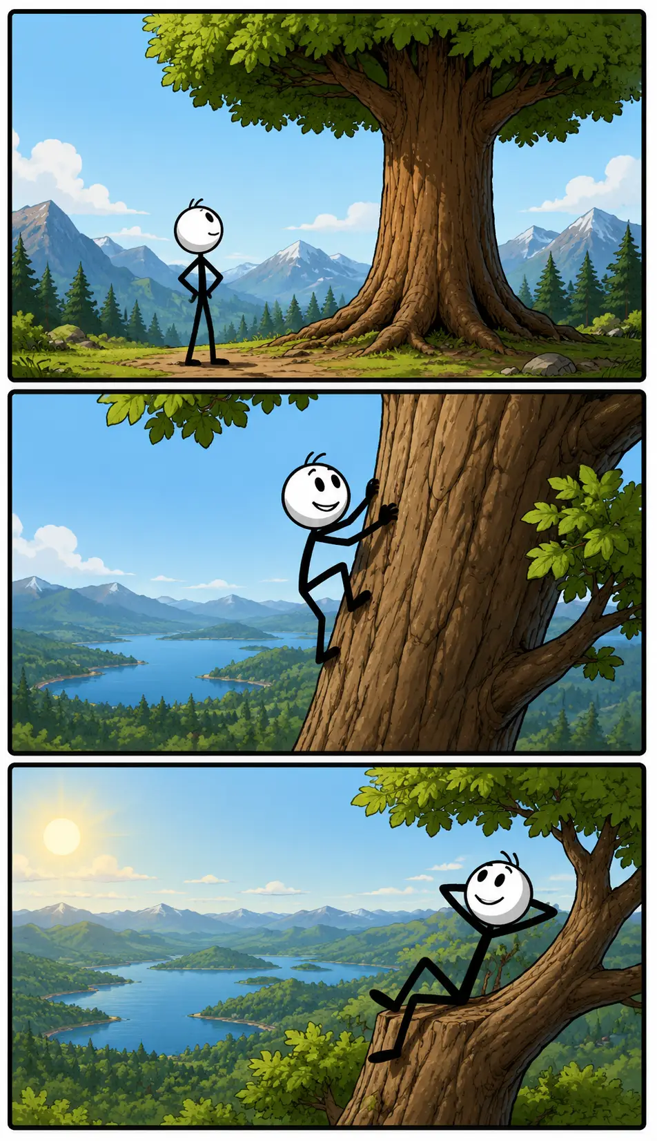 Een vrolijke Toonwords-strip in drie gekleurde panelen met een stickman met witte kop en zwart lichaam. In het eerste paneel staat de stickman naast een enorme boom en kijkt verbaasd omhoog. In het tweede paneel tilt hij lachend een gigantische doos met moeite op in een grote opslagruimte. In het derde paneel staat hij op een heuvel naast een reusachtig standbeeld terwijl hij trots zijn armen spreidt. Het woord Groot staat centraal door de enorme objecten in elk paneel.