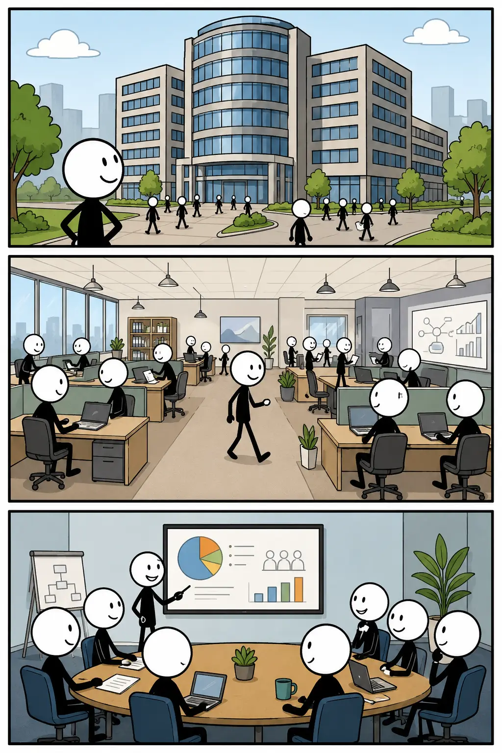 Een Toonwords-strip in drie verticale panelen over grote organisatie. Een stickman met witte kop en zwart lichaam loopt eerst langs een groot modern gebouw met veel ramen en mensen bij de ingang. In het tweede paneel werkt de stickman samen met meerdere figuren aan tafels en schermen in een druk kantoor. In het derde paneel staat de stickman tevreden in een grote hal waar verschillende afdelingen en mensen tegelijk bezig zijn.