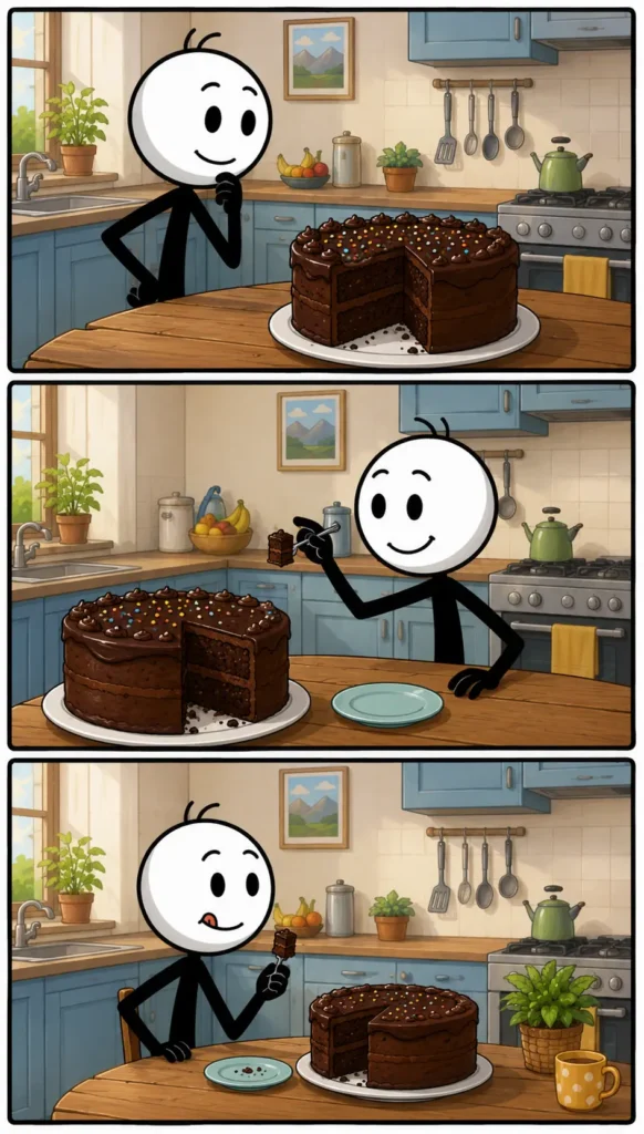 Een grappige Toonwords-strip in drie panelen met stickfiguren met witte hoofden en zwarte lichamen in een gezellige keuken. In het eerste paneel kijkt een stickman nieuwsgierig naar een grote taart op tafel. In het tweede paneel snijdt een andere stickman met veel precisie een minuscuul stukje van de taart af terwijl beiden lachen. In het derde paneel houdt een stickman trots een heel klein stukje taart omhoog tussen twee vingers terwijl de ander verbaasd meekijkt. Het woord Heel klein stukje staat centraal door het piepkleine deel van de taart.
