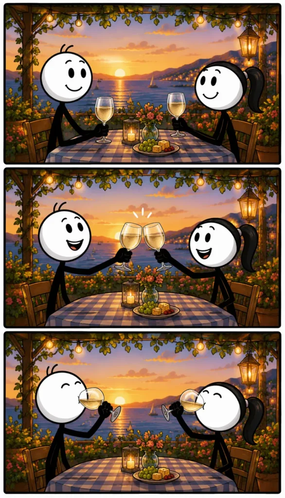 Een warme Toonwords-strip in drie panelen met stickfiguren met witte hoofden en zwarte lichamen op een sfeervol terras aan zee tijdens zonsondergang. In het eerste paneel zitten twee vrolijke stickfiguren tegenover elkaar met glazen op tafel. In het tweede paneel heffen ze lachend hun glazen omhoog voor een toast terwijl lichtjes boven het terras hangen. In het derde paneel drinken ze samen tevreden van hun glazen terwijl de zon langzaam achter het water verdwijnt. Het woord Het glas heffen staat centraal door het gezamenlijke proostmoment.