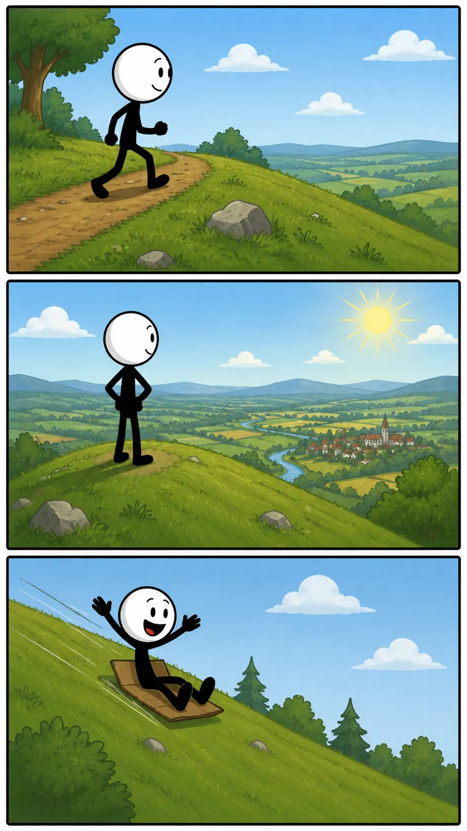 Een kleurrijke Toonwords-strip met drie panelen onder elkaar over een heuvel. In het eerste paneel loopt een vrolijke stickman omhoog over een groene heuvel met bloemen en stenen langs het pad. In het tweede paneel staat de stickman bovenop de heuvel en kijkt blij uit over een groot landschap met bomen en een rivier. In het derde paneel rent de stickman lachend weer naar beneden terwijl de wind door het gras waait. De stickman heeft een witte kop, zwart lichaam en positieve gezichtsuitdrukking.