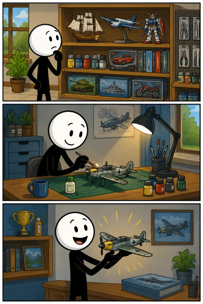Een Toonwords-stripafbeelding in drie panelen over hobby. In het eerste paneel zit een stickman enthousiast te schilderen aan een tafel met verf en penselen. In het tweede paneel speelt de stickman gitaar in een gezellige kamer met planten en lampjes. In het derde paneel laat de stickman trots een zelfgemaakt project zien in een creatieve ruimte vol hobbyspullen en decoratie.
