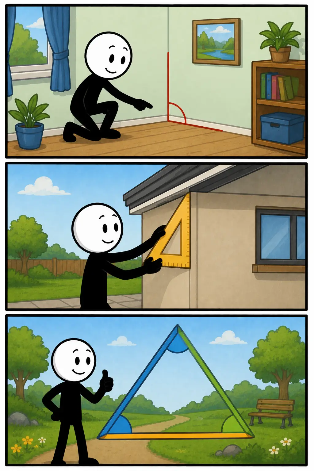 Een Toonwords-strip met drie panelen over hoek. In het eerste paneel staat een stickman in de hoek van een kamer naast twee muren die samenkomen. In het tweede paneel wijst de stickman naar een scherpe hoek van een tafel in een werkruimte. In het derde paneel kijkt de stickman naar een straathoek waar twee wegen elkaar kruisen in een stadse omgeving. De strip laat zien dat een hoek voorkomt bij vormen, meubels en plaatsen waar lijnen of wegen samenkomen.