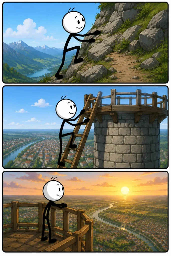 Een kleurrijke Toonwords-strip met drie panelen over hoog. In het eerste paneel klimt een vrolijke stickman omhoog langs een steil bergpad met uitzicht over een vallei. In het tweede paneel klimt de stickman via een houten ladder naar een hoge stenen uitkijktoren boven een stad. In het derde paneel staat de stickman ontspannen bovenop het hoge platform en kijkt uit over een landschap met een rivier tijdens zonsondergang.