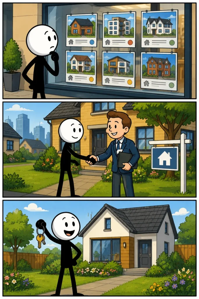 Een Toonwords-stripafbeelding in drie panelen over huizenmarkt. In het eerste paneel kijkt een stickman naar een rij huizen met hoge prijzen en verkoopborden. In het tweede paneel bezoekt de stickman samen met een makelaar een woning en vergelijkt verschillende huizen. In het derde paneel staat de stickman blij voor een nieuw huis met verhuisdozen en een sleutel in de hand in een gezellige woonwijk.
