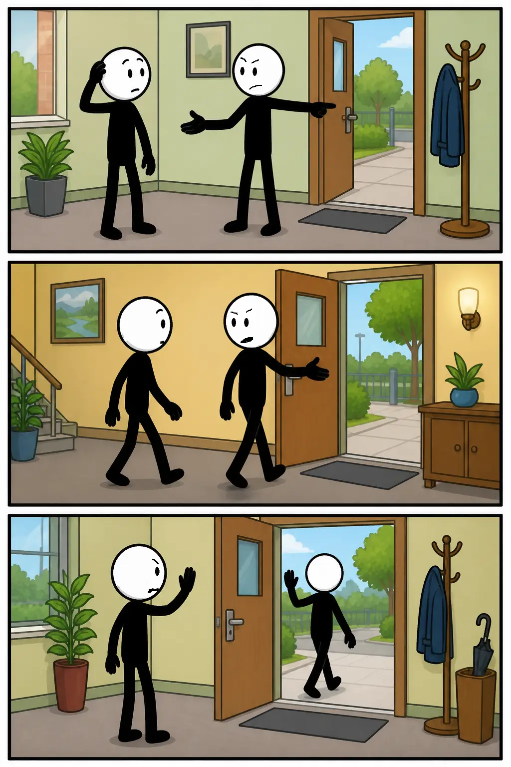 Een Toonwords-strip met drie panelen onder elkaar. In paneel 1 staat een stickman binnen in een kamer terwijl een andere stickman streng kijkt. In paneel 2 wijst de ene stickman duidelijk naar de deur terwijl de ander verrast reageert. In paneel 3 staat de persoon buiten terwijl de deur dichtgaat, wat het moment laat zien van iemand de deur wijzen.