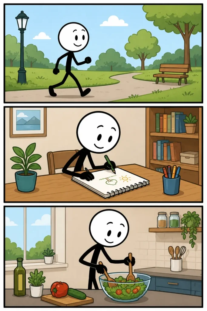 Een kleurrijke Toonwords-strip met drie panelen onder elkaar over het woord ‘Individueel’. In het eerste paneel loopt een stickman alleen door een rustig park met bomen en een bankje. In het tweede paneel werkt dezelfde stickman zelfstandig aan een tafel in een creatieve ruimte met schilderijen aan de muur. In het derde paneel staat de stickman tevreden op een klein podium terwijl anderen op afstand toekijken. De sfeer laat zien dat iets individueel gedaan of beleefd kan worden zonder directe samenwerking met anderen.