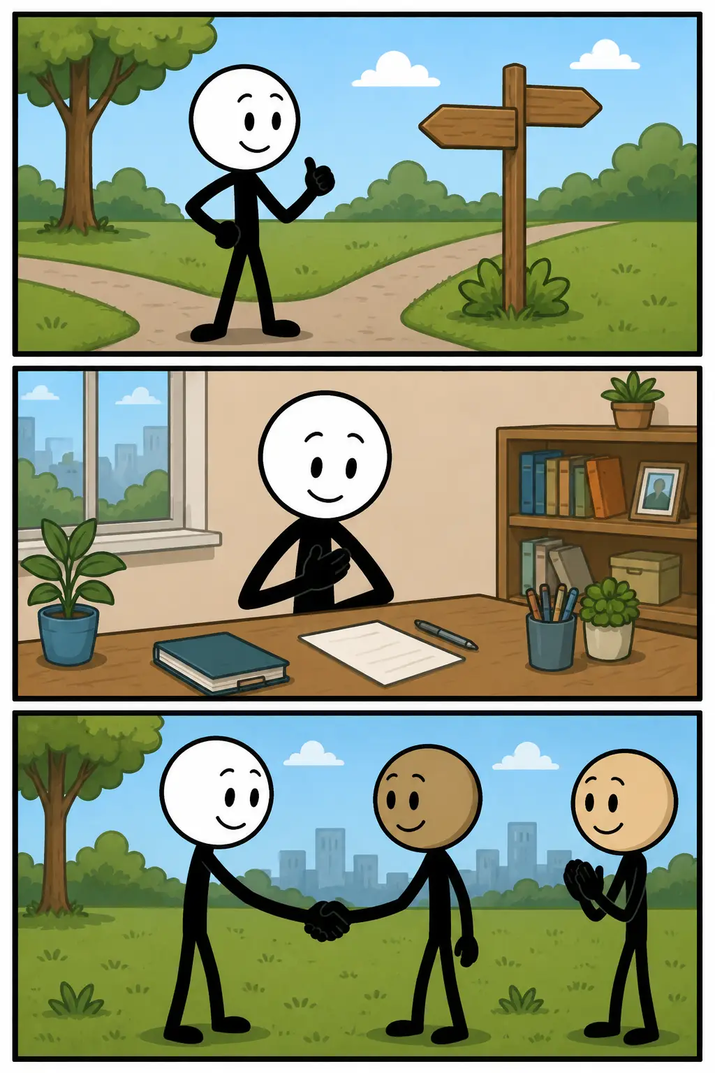 Een kleurrijke Toonwords-strip met drie panelen onder elkaar over het woord ‘Integriteit’. In het eerste paneel helpt een stickman eerlijk mee met het opruimen van een omgevallen stapel boeken in een bibliotheek. In het tweede paneel geeft dezelfde stickman een gevonden portemonnee terug aan een andere persoon in een rustig stadspark. In het derde paneel staat de stickman tevreden naast een nette werktafel terwijl anderen vriendelijk reageren. De strip laat zien dat integriteit draait om eerlijk handelen, verantwoordelijkheid nemen en betrouwbaar blijven in verschillende situaties.