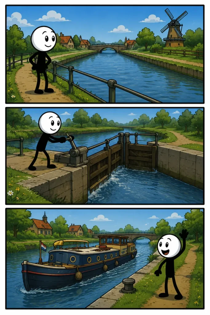 Een vrolijke Toonwords-strip met drie panelen over een kanaal. Een stickman wandelt langs een breed waterkanaal met een bootje, kijkt daarna hoe een schip door het kanaal vaart langs groene oevers, en zwaait in het laatste paneel blij vanaf een brug boven het rustige water.