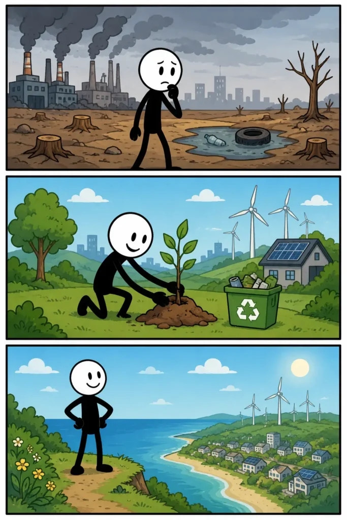 Een Toonwords-stripafbeelding in drie panelen over klimaatcrisis. In het eerste paneel staat een bezorgde stickman in een droog en vervuild landschap met rokende fabrieken, kale bomen en smeltend ijs. In het tweede paneel planten stickmannen een boom, recyclen afval en gebruiken duurzame energie bij een huis met zonnepanelen en windmolens. In het derde paneel kijkt een vrolijke stickman uit over een groene, schone wereld met bloemen, water, bomen en moderne duurzame gebouwen.