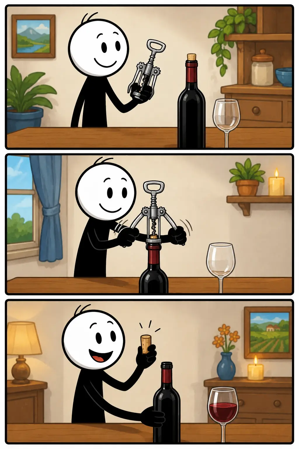 Een grappige Toonwords-strip in drie panelen over een kurkentrekker. In het eerste paneel houdt de stickman nieuwsgierig een fles en een kurkentrekker vast aan een houten tafel in een gezellige keuken. In het tweede paneel draait de stickman de metalen spiraal voorzichtig in de kurk terwijl hij geconcentreerd kijkt. In het derde paneel trekt de stickman blij de kurk uit de fles terwijl de kurk omhoog springt en de keuken feestelijk oogt.