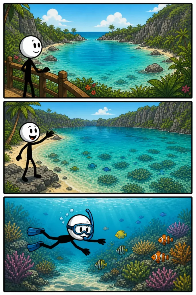 Lagune: een vrolijke stickman kijkt uit over helder turquoise water tussen rotsen, loopt langs de rand en zwemt daarna onder water met snorkel en mondstuk, terwijl vissen rustig door een beschutte lagune zwemmen.