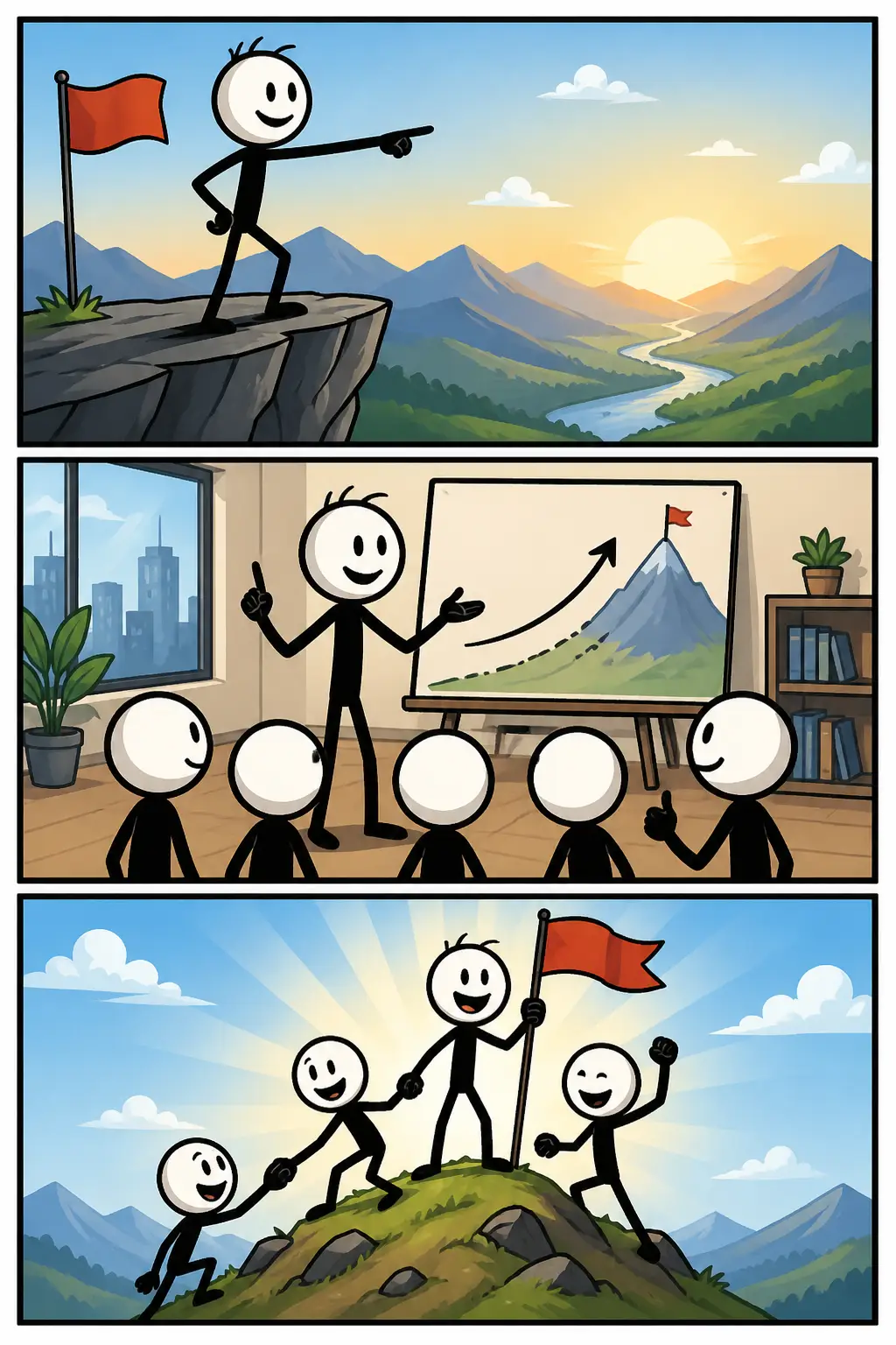 Een strip met drie panelen in Toonwords-stijl: in het eerste paneel staat een stickman met zelfvertrouwen voor een kleine groep mensen op een plein en wijst een richting aan, in het tweede paneel loopt hij voorop door een bos terwijl anderen hem volgen, in het derde paneel staat de groep samen op een heuvel en kijkt tevreden vooruit terwijl de leider rustig vooraan staat.