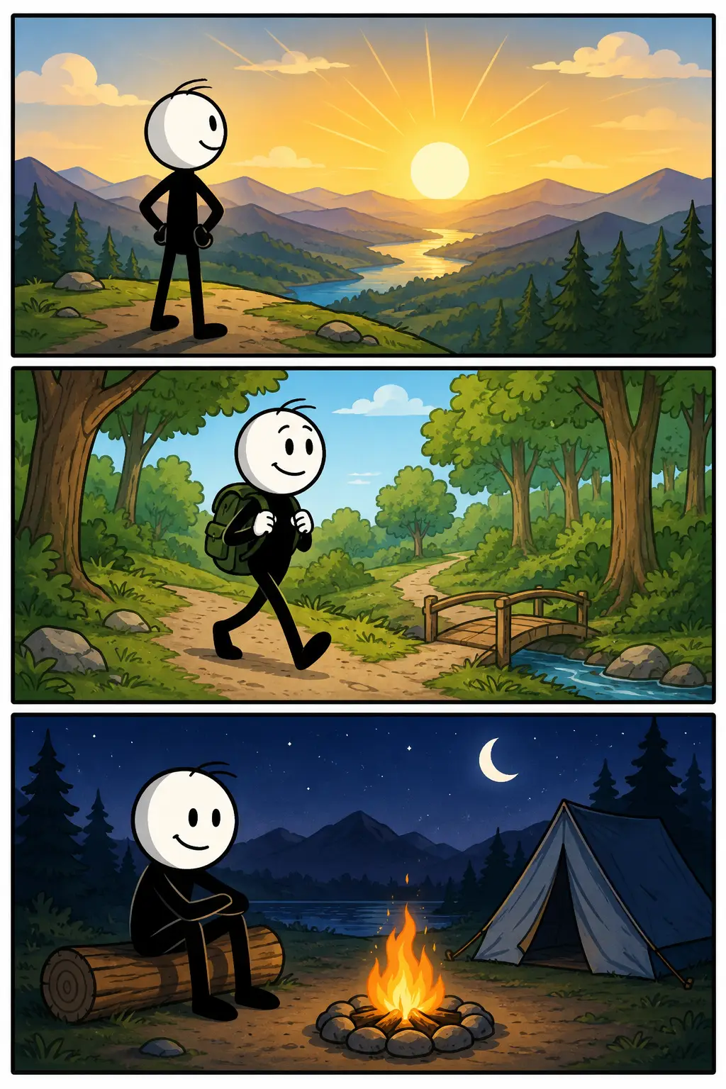 Een kleurrijke Toonwords-strip over het woord leven. In het bovenste paneel loopt een vrolijke stickman door een groene tuin met bloemen en zonlicht. In het middelste paneel helpt de stickman een klein plantje groeien met water en zorg. In het onderste paneel zit de stickman ontspannen op een heuvel onder een sterrenlucht terwijl de omgeving rustig en levendig aanvoelt. De strip laat groei, ervaring en genieten van het leven zien.