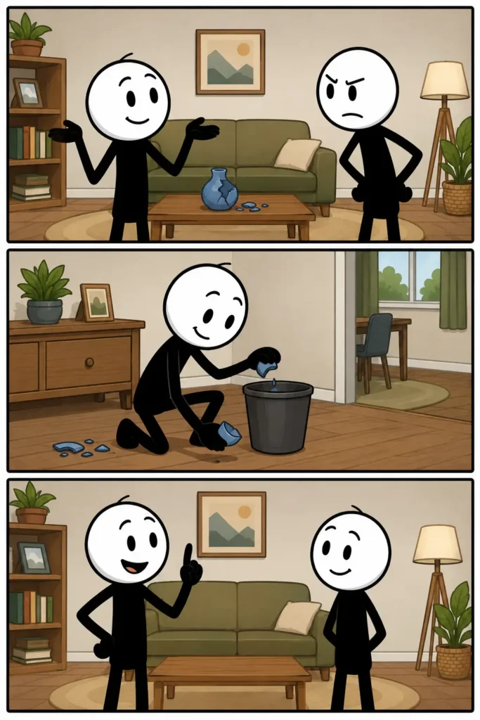 Drie panelen in Toonwords-stijl over liegen. In het eerste paneel haalt een stickman glimlachend zijn schouders op naast een gebroken vaas terwijl een andere stickman boos kijkt. In het tweede paneel ruimt de stickman stiekem de scherven op met een emmer. In het derde paneel staan beide stickmannen weer rustig tegenover elkaar in een woonkamer terwijl één stickman iets uitlegt met opgeheven vinger.