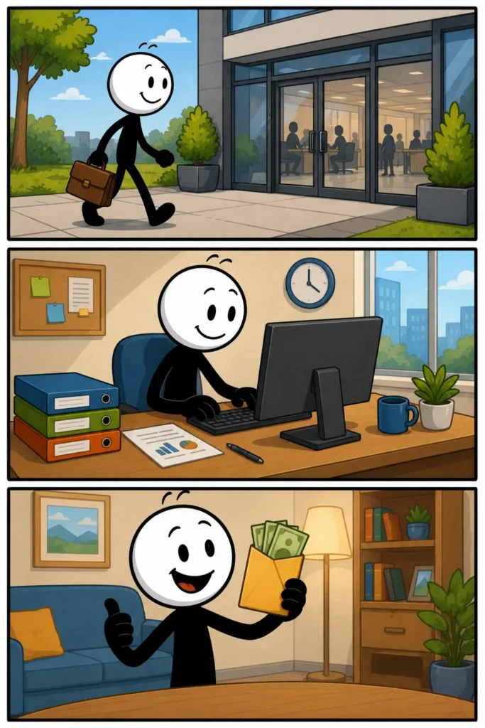Een kleurrijke Toonwords-strip met drie panelen onder elkaar over Loondienst. In het eerste paneel werkt een vrolijke stickman achter een computer op een modern kantoor met planten en mappen. In het tweede paneel gebruikt de stickman een groot kopieerapparaat terwijl collega’s zichtbaar zijn in een vergaderruimte op de achtergrond. In het derde paneel loopt de stickman tevreden met een aktetas naar buiten aan het einde van de werkdag. De stickman heeft een witte kop, zwart lichaam en positieve gezichtsuitdrukkingen die een normale werkdag laten zien.