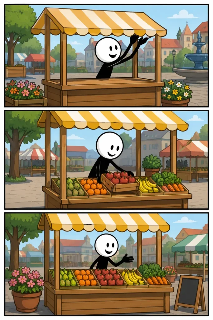 Een kleurrijke Toonwords-strip met drie panelen over een marktkraam. In het eerste paneel zet een vrolijke stickman groente en fruit netjes neer onder een gestreepte luifel op een druk marktplein. In het tweede paneel bekijkt een andere stickman nieuwsgierig de producten terwijl de verkoper vriendelijk aanwijst wat er te koop is. In het derde paneel geeft de klant tevreden geld aan de verkoper terwijl een tas met verse boodschappen naast de marktkraam staat.