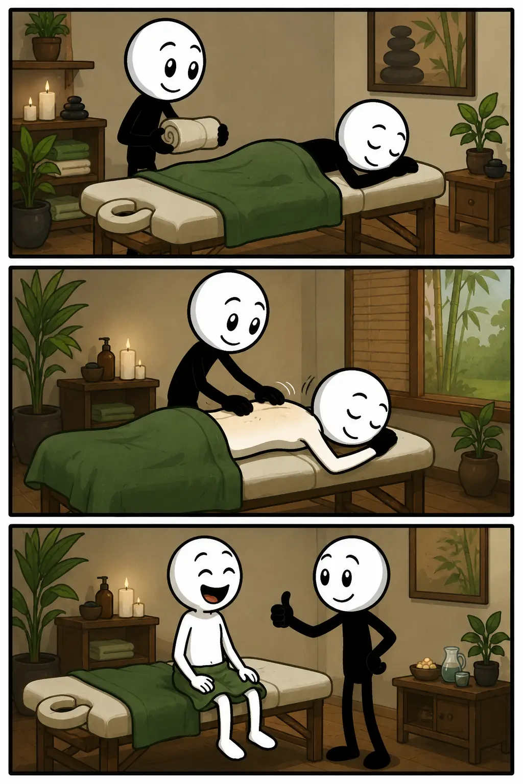 Een rustige Toonwords-strip met drie panelen over een masseur. Een stickman maakt een massagetafel klaar in een warme ontspanningsruimte met planten en kaarsen. Daarna geeft de masseur een rugmassage aan een tevreden klant. In het laatste paneel zit de ontspannen stickman glimlachend rechtop terwijl de masseur vriendelijk een duim omhoog geeft.