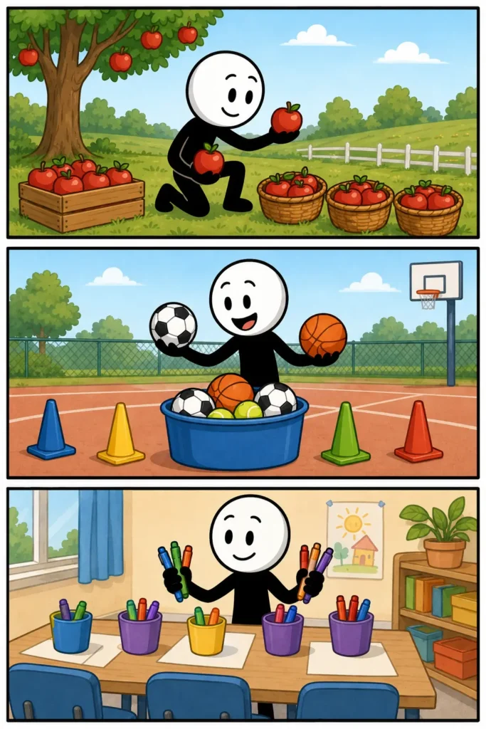 Een vrolijke Toonwords-strip met drie gekleurde panelen onder elkaar. Een stickman met witte kop en zwart lichaam verzamelt in het eerste paneel meerdere appels in een boomgaard. In het tweede paneel houdt de stickman verschillende sportballen vast op een sportveld. In het derde paneel sorteert de stickman meerdere stiften in een klaslokaal. De strip laat duidelijk zien dat er steeds meer dan één voorwerp aanwezig is.