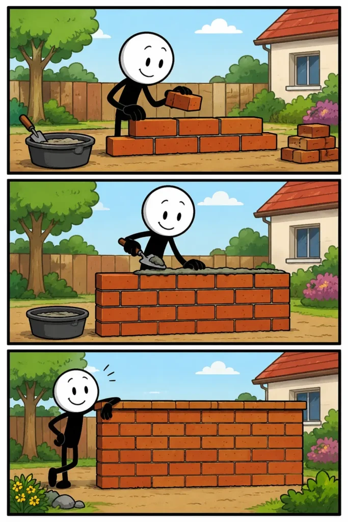 Een vrolijke Toonwords-strip met drie gekleurde panelen onder elkaar. In het eerste paneel staat een stickman naast een hoge bakstenen muur in een tuin. In het tweede paneel leunt de stickman nieuwsgierig tegen de muur aan terwijl er een ladder naast staat. In het derde paneel schildert de stickman de muur netjes in een andere kleur. De stickman heeft een witte kop, zwart lichaam en positieve gezichtsuitdrukking.