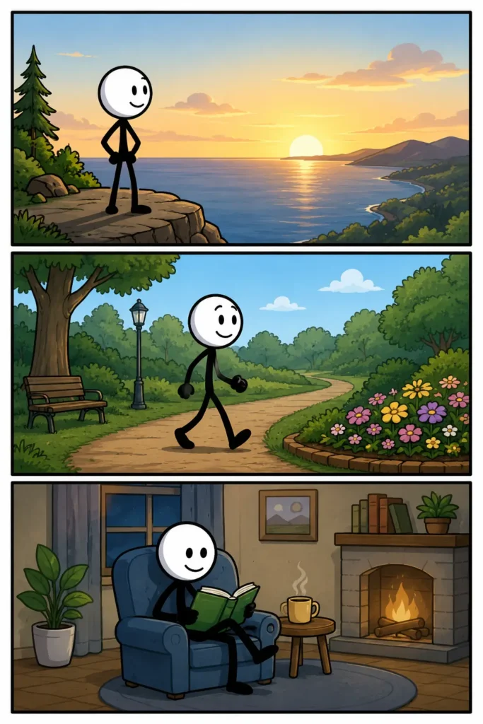 Een kleurrijke Toonwords-strip met drie panelen onder elkaar. In het eerste paneel kijkt een stickman verbaasd rond op een leeg stationsplein terwijl er niemand te zien is. In het tweede paneel staat dezelfde stickman alleen in een grote bibliotheek tussen lege tafels en stoelen. In het derde paneel zit de stickman rustig op een bankje in een verlaten park met een kleine glimlach, terwijl de omgeving helemaal stil blijft. De stickman heeft een witte ronde kop, zwart lichaam en eenvoudige gezichtsuitdrukkingen.