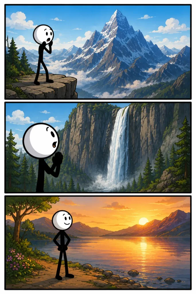 Een kleurrijke Toonwords-strip met drie panelen onder elkaar. In het eerste paneel kijkt een stickman nieuwsgierig omhoog naar een enorme sterrenhemel boven een berglandschap. In het tweede paneel staat de stickman met grote ogen en open mond voor een gigantische waterval. In het derde paneel kijkt de stickman stil en onder de indruk naar een oud groot gebouw met hoge pilaren en warm licht. De stickman heeft een witte ronde kop, zwart lichaam en duidelijke gezichtsuitdrukkingen in Toonwords-stijl.
