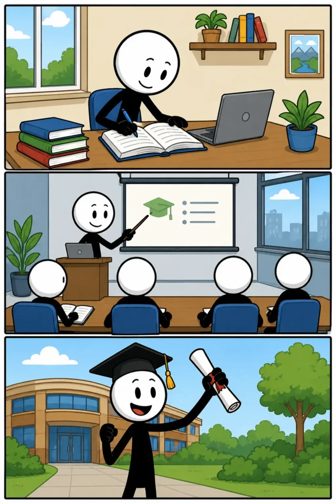 Een kleurrijke Toonwords-strip over opleiding met drie panelen onder elkaar. In het eerste paneel loopt een vrolijke stickman met een rugzak een modern schoolgebouw binnen. In het tweede paneel zit de stickman aan een tafel met boeken, een laptop en een docent die iets aanwijst op een groot scherm. In het derde paneel houdt de stickman trots een diploma omhoog terwijl op de achtergrond een nieuwe werkplek zichtbaar is. De stickman heeft een witte kop, zwart lichaam en positieve gezichtsuitdrukkingen.