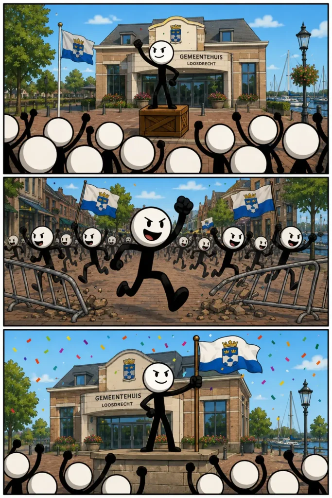 Een Toonwords-strip in drie panelen over Opstand bij het gemeentehuis van Loosdrecht. In het eerste paneel staat een stickman op een houten kist voor een groep mensen. In het tweede paneel rent een enthousiaste menigte met vlaggen door een straat met omgevallen hekken. In het derde paneel staat een stickman trots met een vlag voor het gemeentehuis terwijl confetti door de lucht vliegt.
