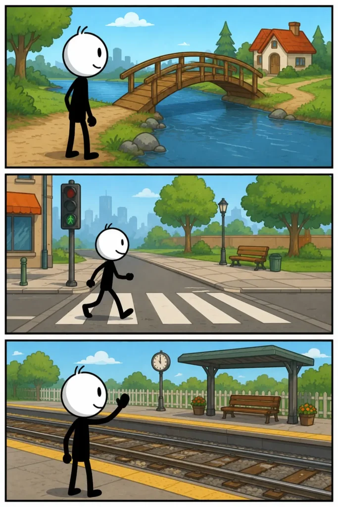 Overkant: een Toonwords-strip met drie panelen waarin een stickman naar de andere kant van verschillende plekken kijkt en beweegt. In het eerste paneel staat de stickman aan één kant van een straat met huizen aan de overkant. In het tweede paneel kijkt de stickman over een rivier naar een brug en bomen. In het derde paneel bereikt de stickman glimlachend de overkant van een plein met bankjes en lantaarns.