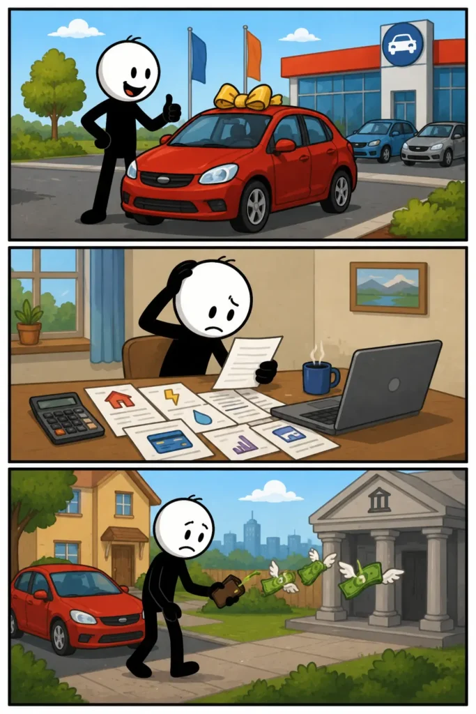 Toonwords Passiva: een stickman schaft iets waardevols aan en krijgt daarna te maken met terugkerende kosten en verplichtingen. In het eerste paneel is er enthousiasme over een nieuwe aankoop. In het tweede paneel verschijnen betalingen en lasten die ermee verbonden zijn. In het derde paneel beheert de stickman deze verplichtingen terwijl het bezit behouden blijft. Kleurrijke strip met drie panelen onder elkaar, witte kop, zwart lichaam en duidelijke gezichtsuitdrukkingen.