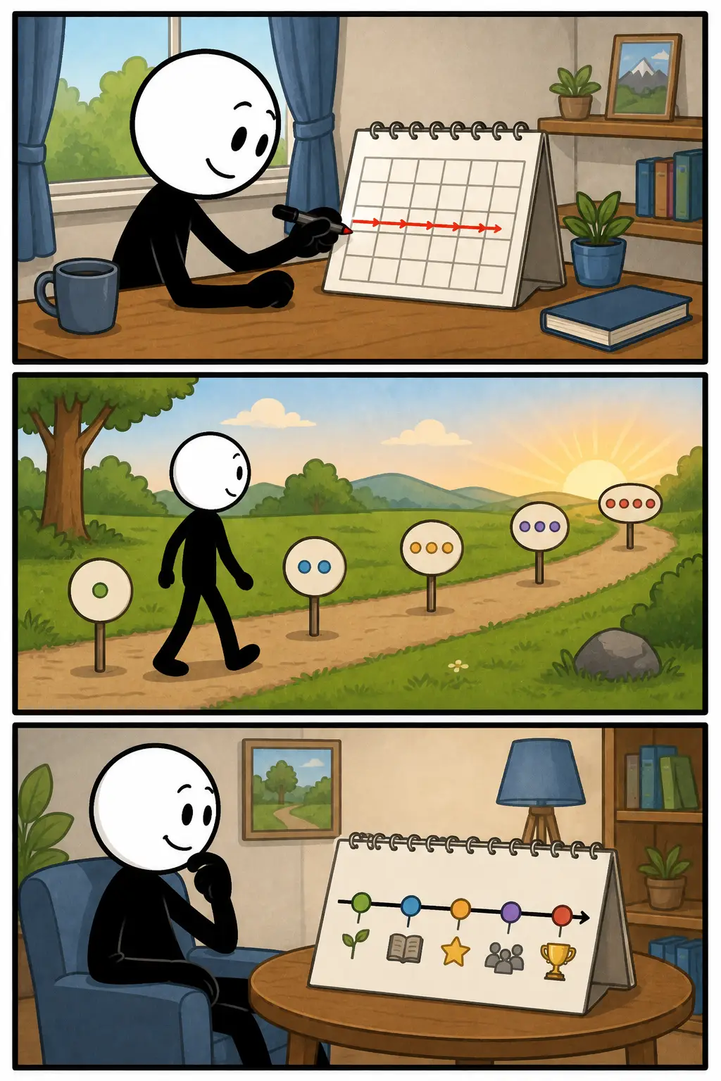 Een Toonwords-strip met drie panelen over periode. In het eerste paneel zit een stickman aan tafel terwijl dagen op een kalender worden gemarkeerd. In het tweede paneel loopt de stickman langs een pad met gekleurde markeringen die verschillende momenten in de tijd voorstellen. In het derde paneel kijkt de stickman nadenkend naar een tijdlijn met symbolen van groei, studie, prestaties en herinneringen. De strip laat zien dat een periode bestaat uit meerdere momenten en veranderingen verspreid over tijd.