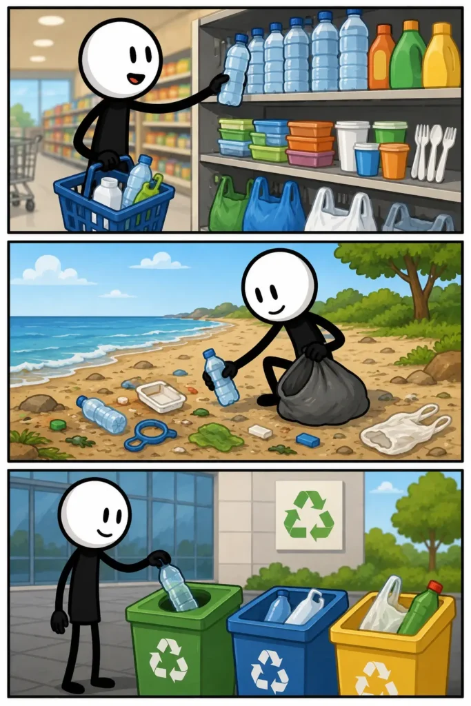 Een Toonwords-strip van Plastic met drie panelen onder elkaar. In het eerste paneel kiest een stickman verschillende plastic flessen en bakjes in een winkel. In het tweede paneel ruimt dezelfde stickman plastic afval op van een strand terwijl de zee op de achtergrond zichtbaar is. In het derde paneel gooit de stickman plastic in kleurrijke recyclebakken bij een recyclingpunt. De strip laat gebruik, afval en hergebruik van plastic zien in drie verschillende omgevingen.