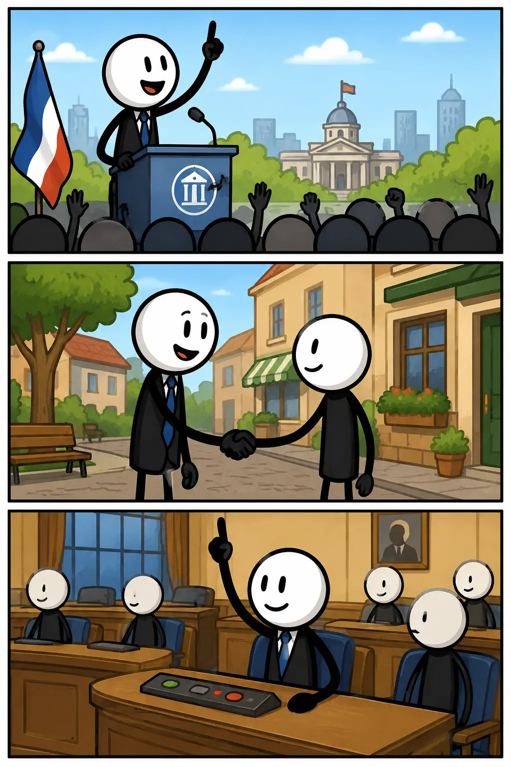 Een Toonwords-strip van Politicus met drie panelen onder elkaar. In het eerste paneel staat een stickman op een podium voor een groot gebouw terwijl hij vriendelijk zwaait naar een groep mensen. In het tweede paneel bespreekt de stickman plannen aan een ronde tafel met papieren en grafieken. In het derde paneel loopt de stickman glimlachend door een stadsstraat terwijl mensen luisteren en reageren. Elk paneel heeft een ander decor en een positieve sfeer.