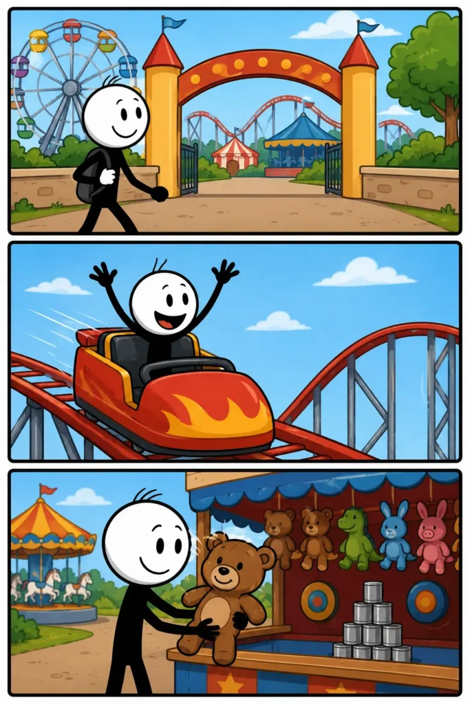 Een vrolijke Toonwords-strip in drie panelen over een pretpark. In het eerste paneel loopt de stickman enthousiast langs een grote ingang met vlaggen en kleurrijke attracties op de achtergrond. In het tweede paneel zit de stickman lachend in een snelle achtbaan met bochten en lichten. In het derde paneel eet de stickman tevreden een suikerspin terwijl overal attracties, lampjes en feestelijke decoraties zichtbaar zijn.