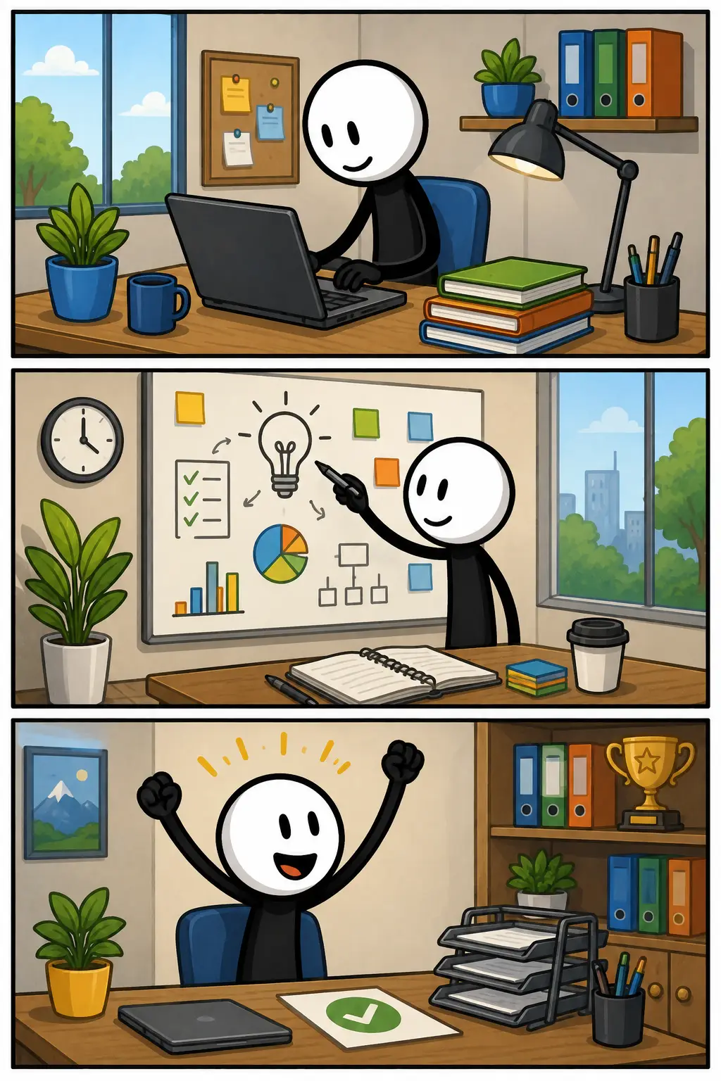 Een Toonwords-strip van Productief met drie panelen onder elkaar. In het eerste paneel werkt een stickman geconcentreerd achter een laptop aan een bureau met boeken en planten. In het tweede paneel staat de stickman voor een groot whiteboard vol schema’s, grafieken en ideeën terwijl hij plannen aanwijst. In het derde paneel juicht de stickman blij achter een opgeruimd bureau met afgeronde taken en een grote groene vink op papier. Elk paneel toont een andere werkruimte met een positieve en energieke sfeer.