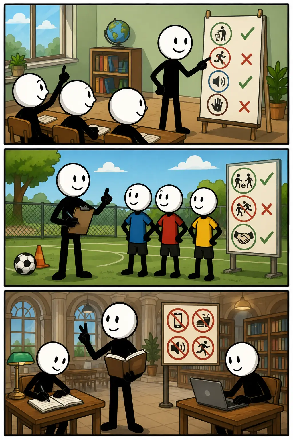 Een kleurrijke Toonwords-strip met drie panelen onder elkaar over het woord Regels. In het eerste paneel wacht een stickman netjes achter een lijn bij een bushalte terwijl anderen ook rustig blijven staan. In het tweede paneel volgt een stickman pijlen op de vloer in een grote sporthal met verschillende vakken. In het derde paneel helpt een stickman een ander bij een oversteekplaats terwijl verkeerslichten zichtbaar zijn. De stickmannen hebben vriendelijke gezichtsuitdrukkingen en elk paneel heeft een ander decor met duidelijke situaties waarin afspraken worden gevolgd.