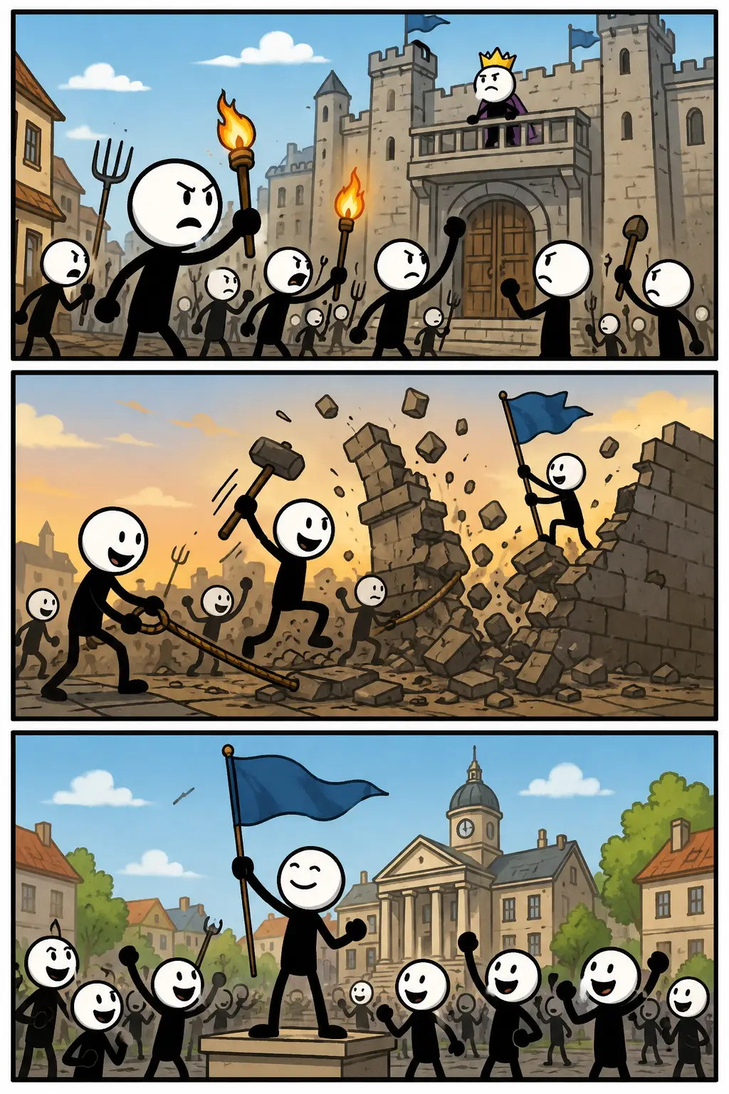 Een verticale Toonwords-strip in drie gekleurde panelen over revolutie. In het eerste paneel lopen boze stickmannen met fakkels en gereedschap richting een groot kasteel waar een koning op een balkon staat. In het tweede paneel breken vrolijke stickmannen een stenen muur af terwijl brokstukken rondvliegen en een blauwe vlag omhooggaat. In het derde paneel vieren mensen feest op een stadsplein terwijl een stickman met een vlag op een verhoging staat en de menigte juicht. De strip laat zien hoe een revolutie van protest naar verandering en overwinning gaat.