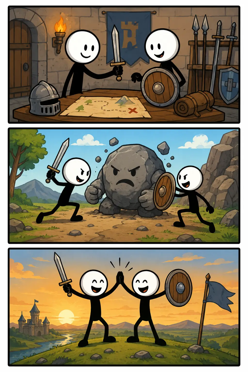 Samen de strijd aanbinden: twee stickmannen bereiden zich samen voor op een moeilijke uitdaging, vechten als team tegen een grote stenen vijand en vieren daarna samen hun overwinning op een heuvel bij zonsondergang.