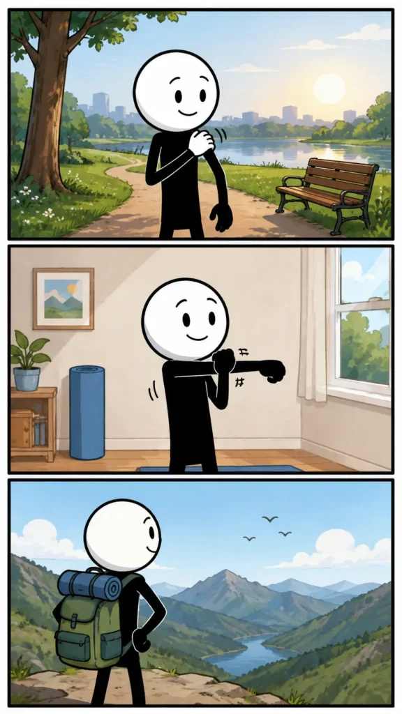 Een kleurrijke Toonwords-strip met drie panelen onder elkaar toont een stickman met een witte ronde kop en zwart lichaam in verschillende situaties rond het woord schouder. In het eerste paneel draagt de stickman een zware tas over één schouder in een groen park. In het tweede paneel rust een kleine vogel vrolijk op de schouder van de stickman bij een houten hek. In het derde paneel helpt de stickman iemand overeind door een ondersteunende arm en schouder aan te bieden op een rustig plein.