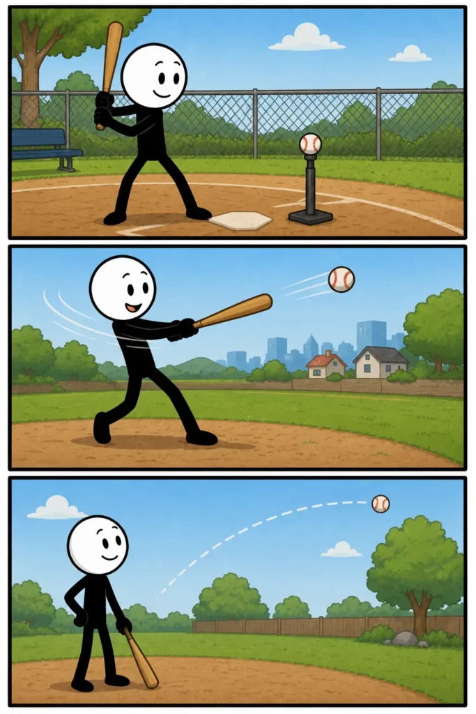 Een Toonwords-strip met drie panelen over slaan. In het eerste paneel haalt een stickman uit met een tennisracket naar een bal op een sportveld. In het tweede paneel slaat de stickman met een hamer op een spijker in een werkruimte. In het derde paneel geeft de stickman vrolijk een slag op een grote trommel tijdens muziek maken. De strip laat zien dat slaan verschillende handelingen kan betekenen, zoals sport, bouwen en muziek maken.