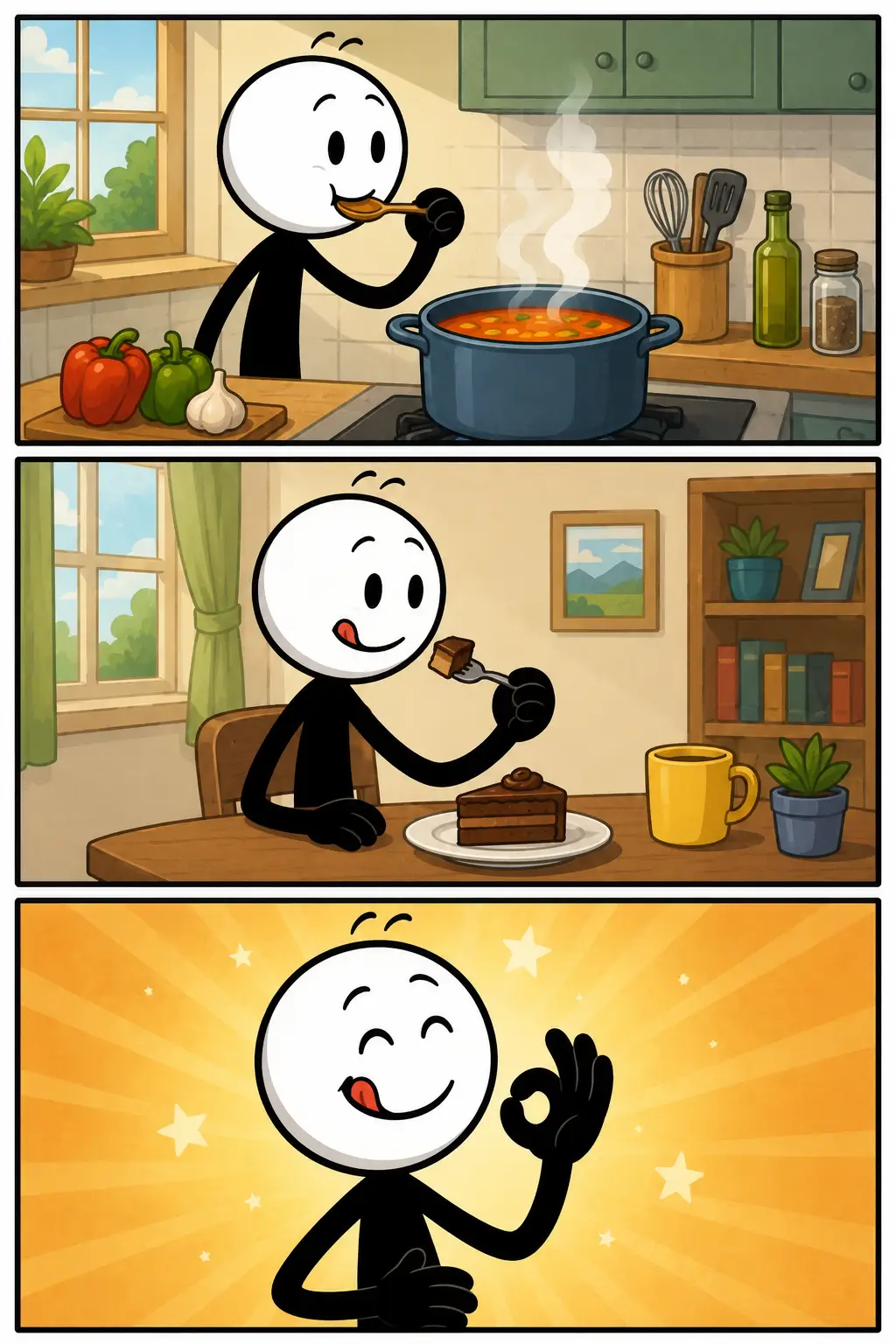 Een kleurrijke Toonwords-strip met drie panelen onder elkaar over Smaak. In het eerste paneel proeft een vrolijke stickman voorzichtig van een ijsje op een zonnig terras. In het tweede paneel kijkt de stickman verrast tijdens het eten van een zure citroen in een keuken met fruit op tafel. In het derde paneel geniet de stickman lachend van een warme maaltijd in een gezellig restaurant met lampen en planten op de achtergrond. De stickman heeft een witte kop, zwart lichaam en duidelijke gezichtsuitdrukkingen die verschillende smaken laten zien.
