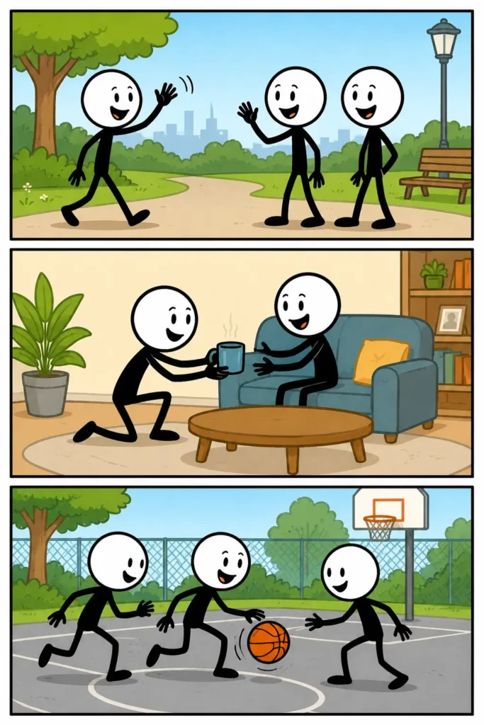 Toonwords-strip over Sociaal. In drie gekleurde panelen onder elkaar ontmoet een vriendelijke stickman andere mensen op verschillende plekken. Eerst maakt hij contact met een groep, daarna heeft hij een gezellig gesprek en ten slotte staat hij samen met anderen in een ontspannen en positieve sfeer. De strip laat zien hoe sociaal gedrag mensen met elkaar verbindt.