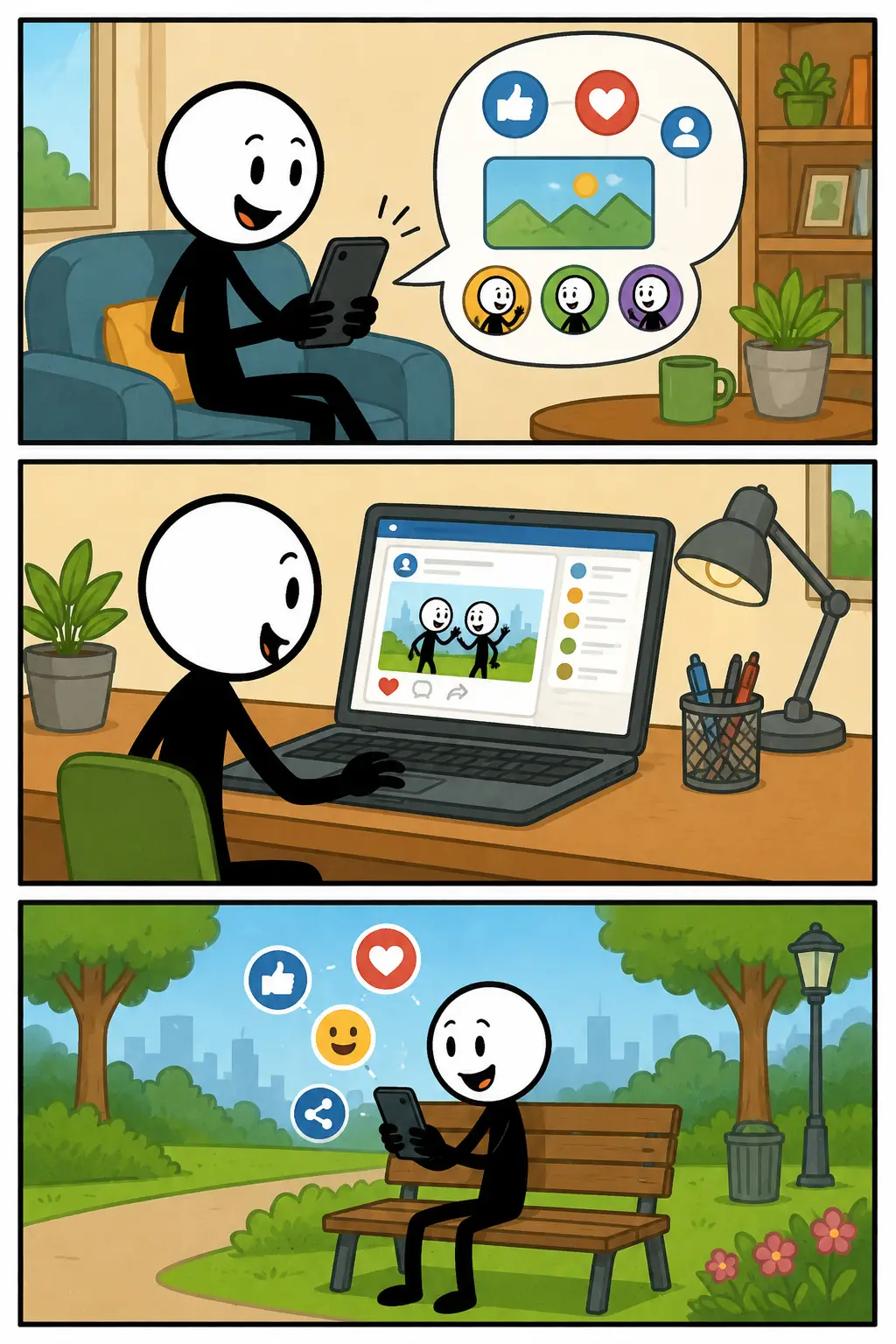 Toonwords-strip over Sociale media. In drie gekleurde panelen gebruikt een stickman verschillende apparaten om online berichten, foto's en reacties te bekijken. Eerst gebruikt hij een smartphone, daarna een laptop en ten slotte opnieuw een mobiel apparaat in een andere omgeving. Rondom verschijnen symbolen voor interactie en verbinding. De strip laat zien hoe sociale media mensen helpen om informatie, beelden en reacties met anderen te delen.